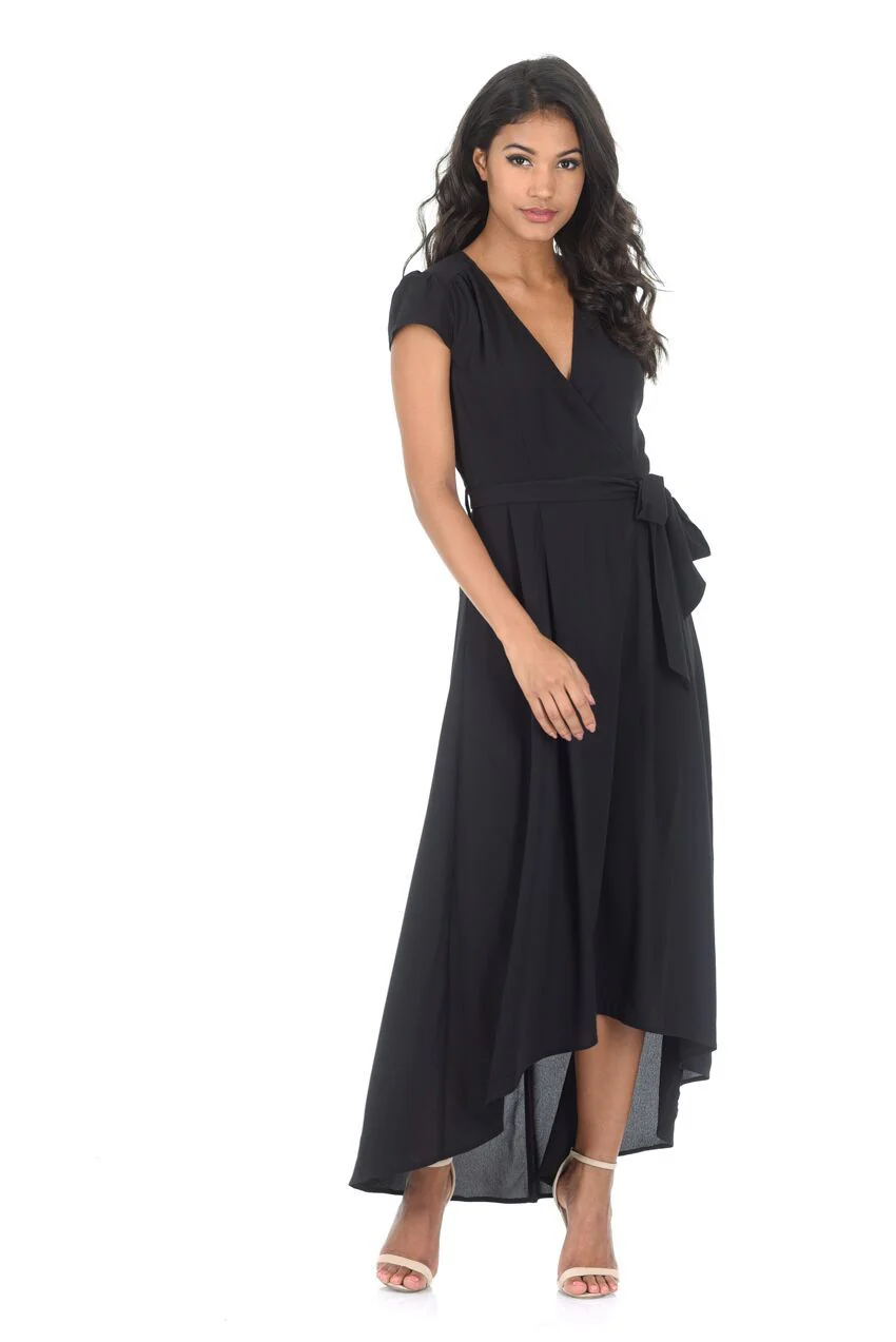 Black Capped Sleeve Waterfall Dress - Image 2