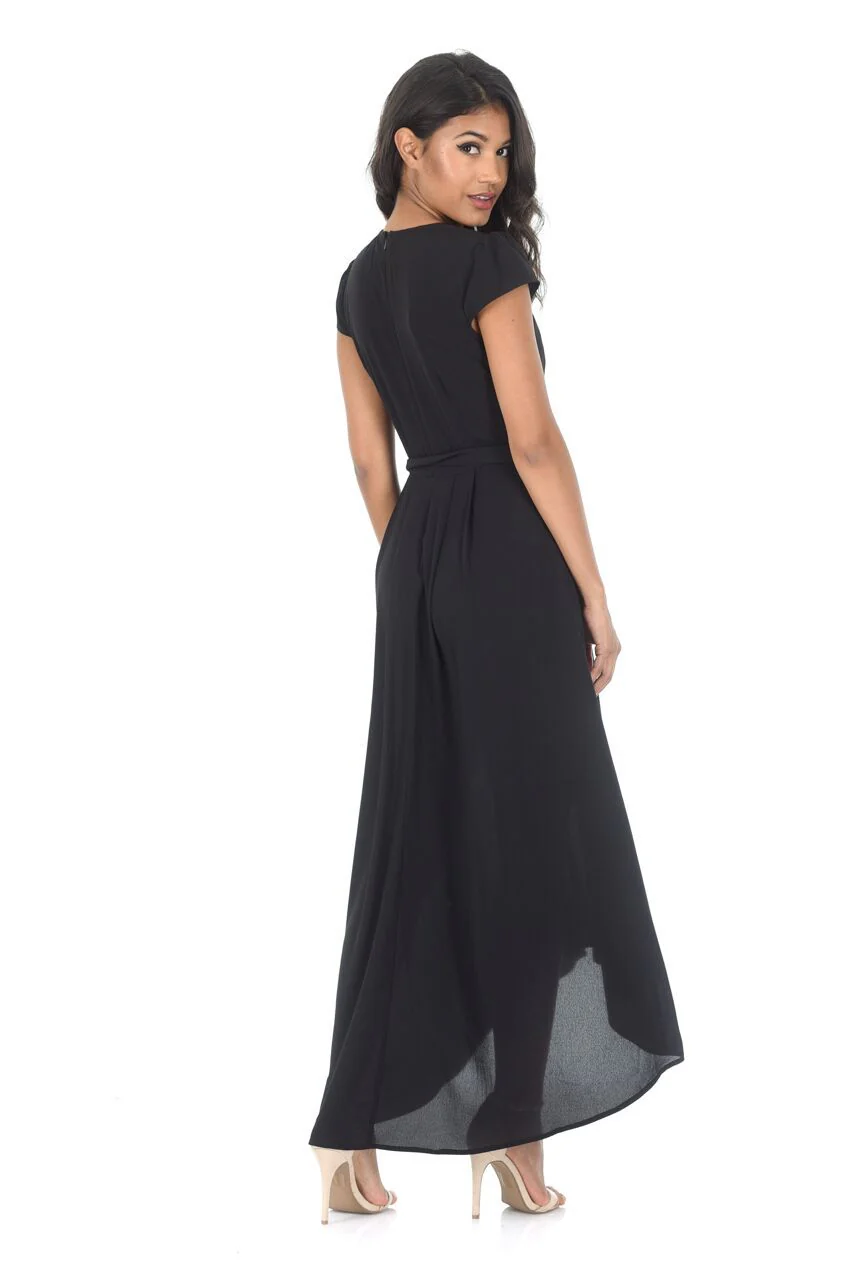 Black Capped Sleeve Waterfall Dress - Image 3