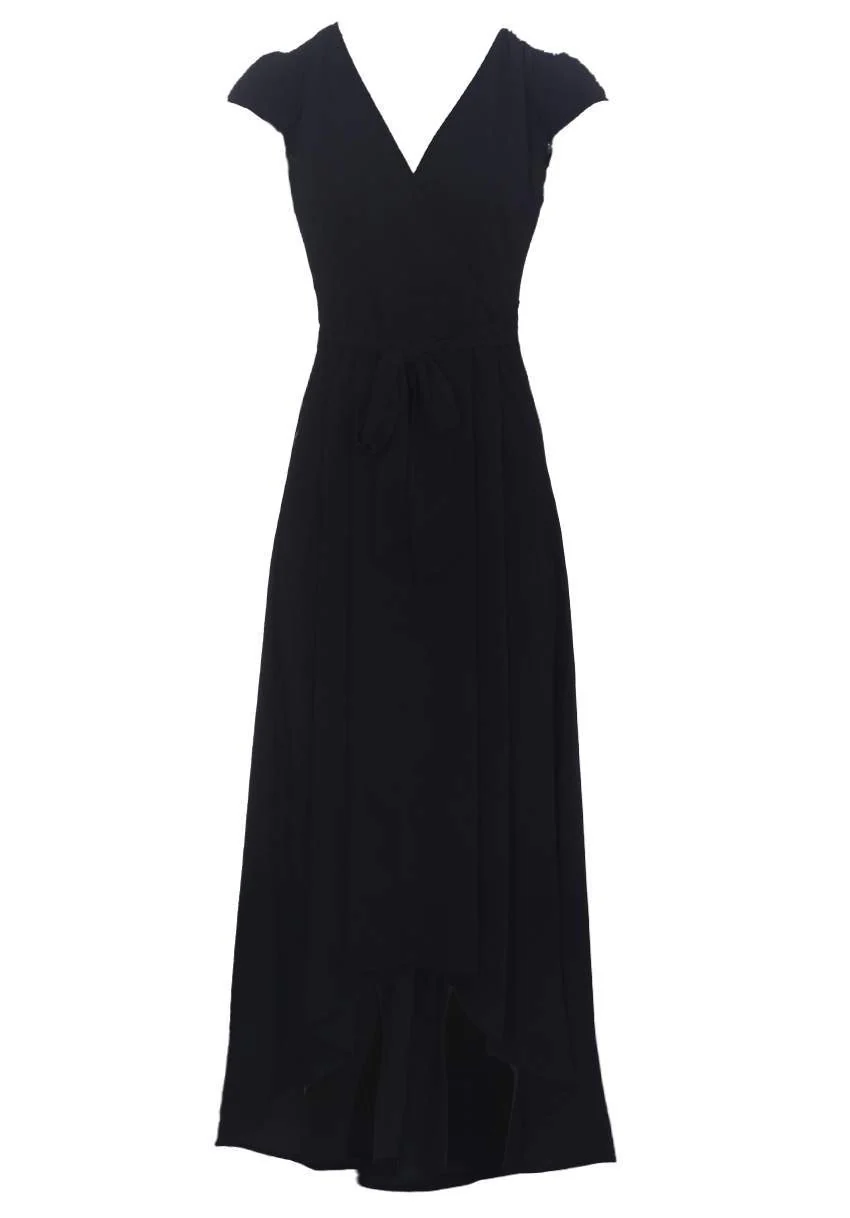 Black Capped Sleeve Waterfall Dress - Image 4