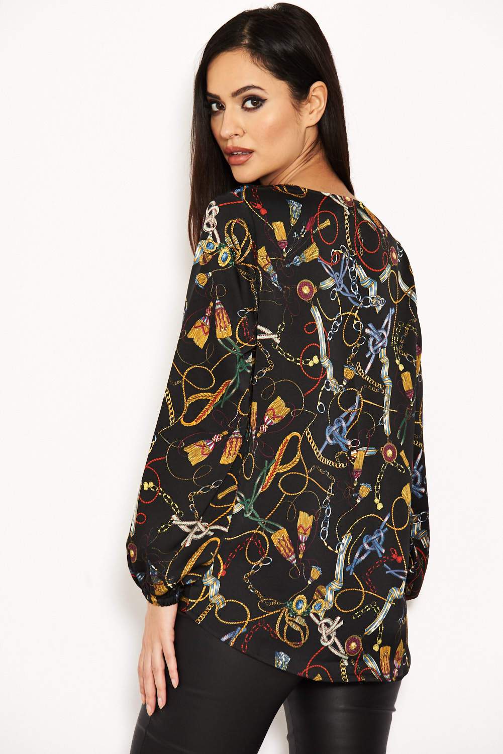Black Chain Print Wrap Top - Image 3