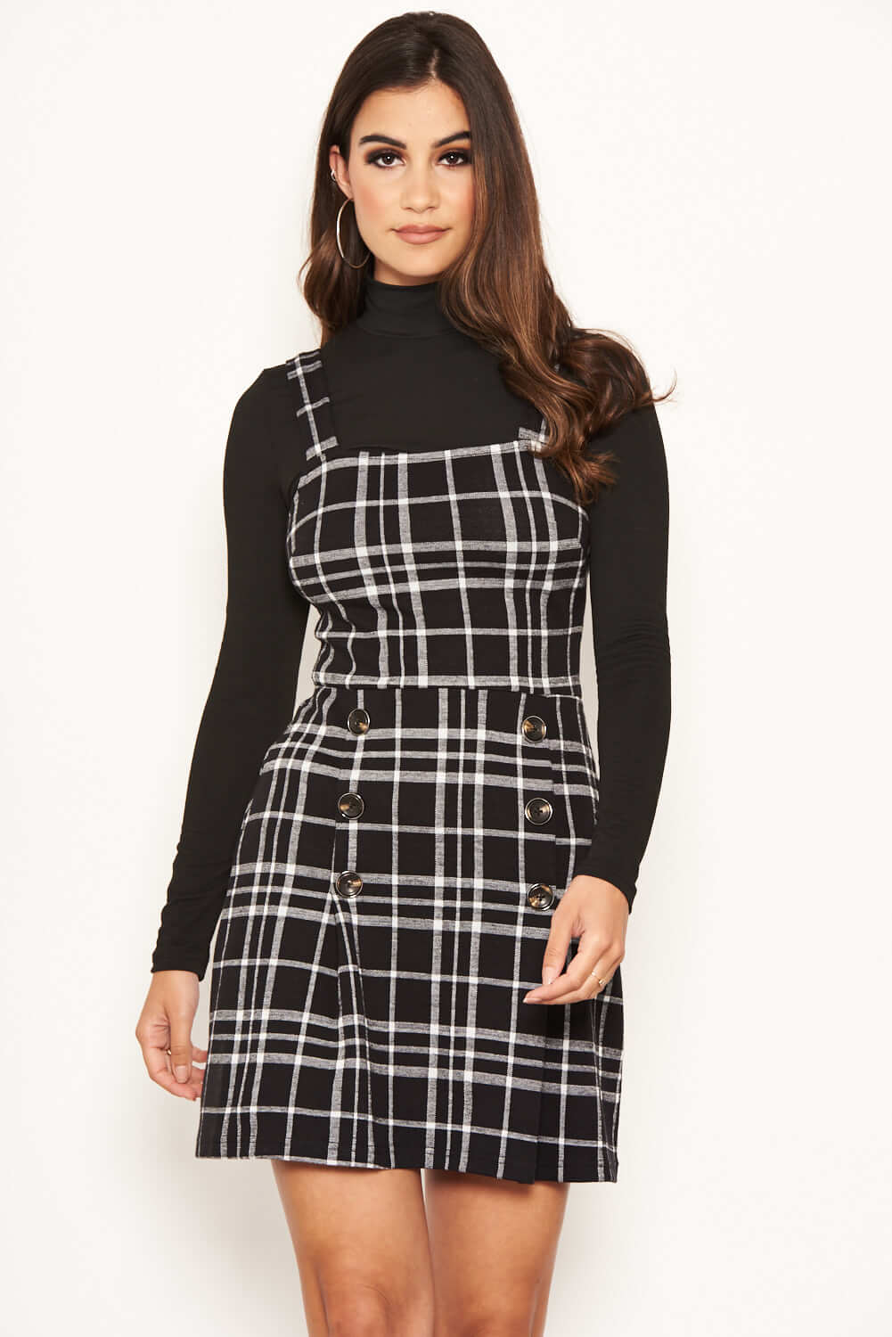 Black Check Button Front Detail Skater Dress - Image 2