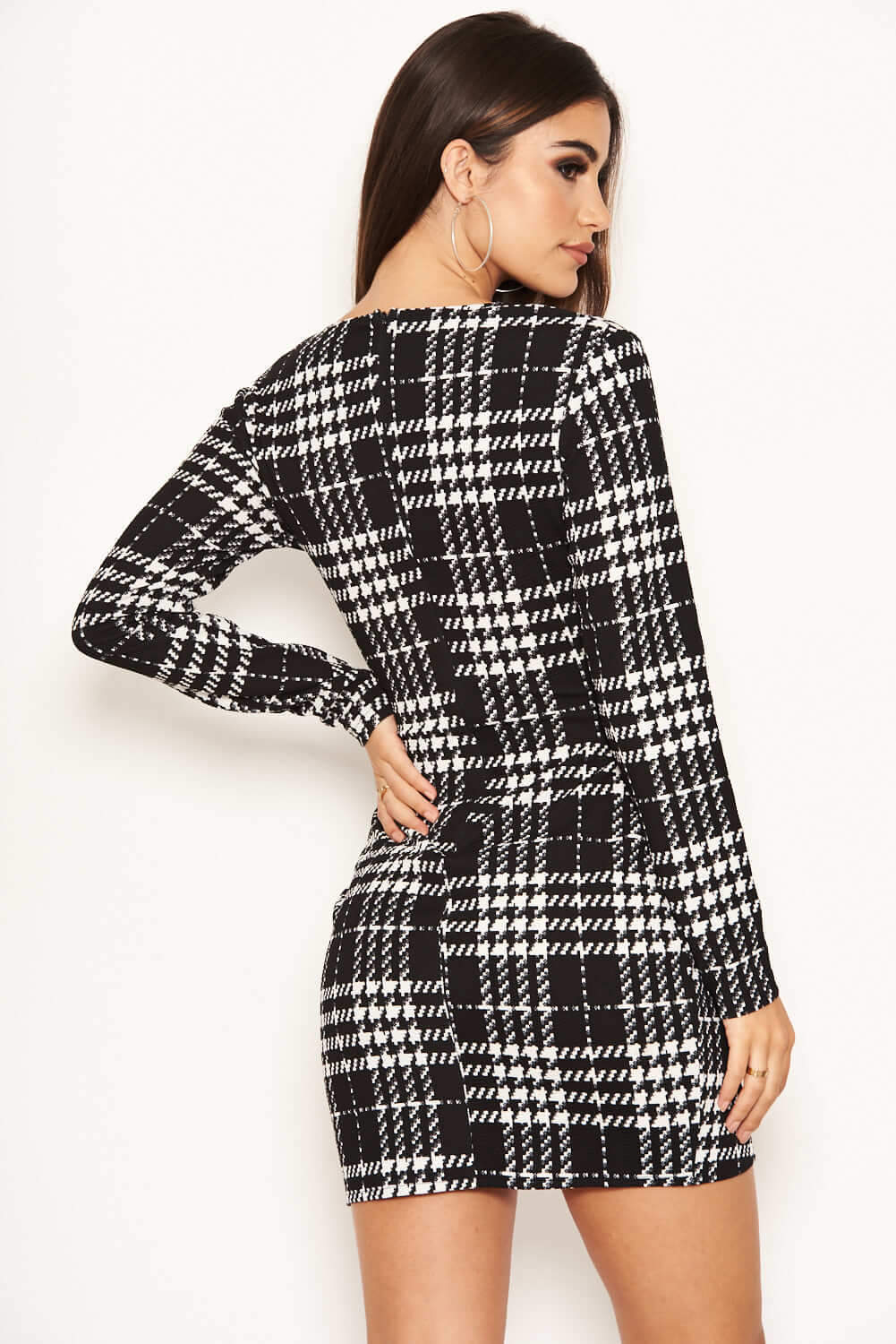 Black Check Wrap Bodycon Dress - Image 3