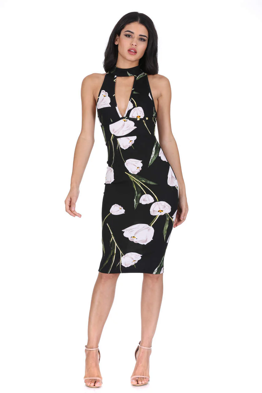 Black Choker Floral Midi Dress - Image 2