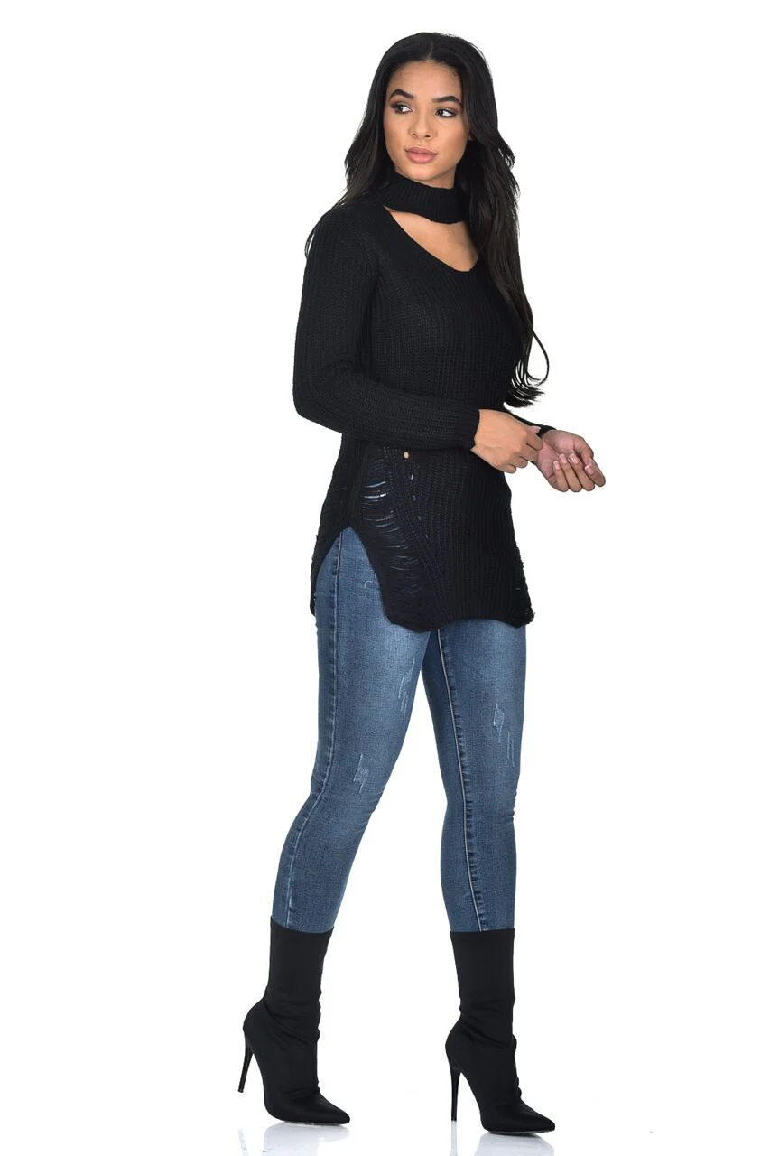 Black Choker Ladder Cable Knit Jumper - Image 2