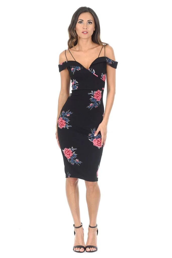 Black Cold Shoulder Floral Bodycon Midi Dress - Image 2