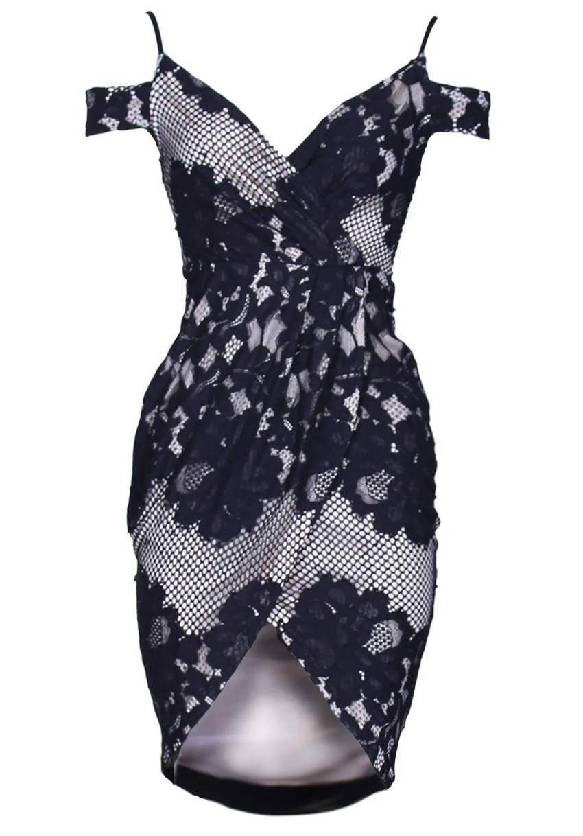 Black Contrast Lace Wrap Dress - Image 4