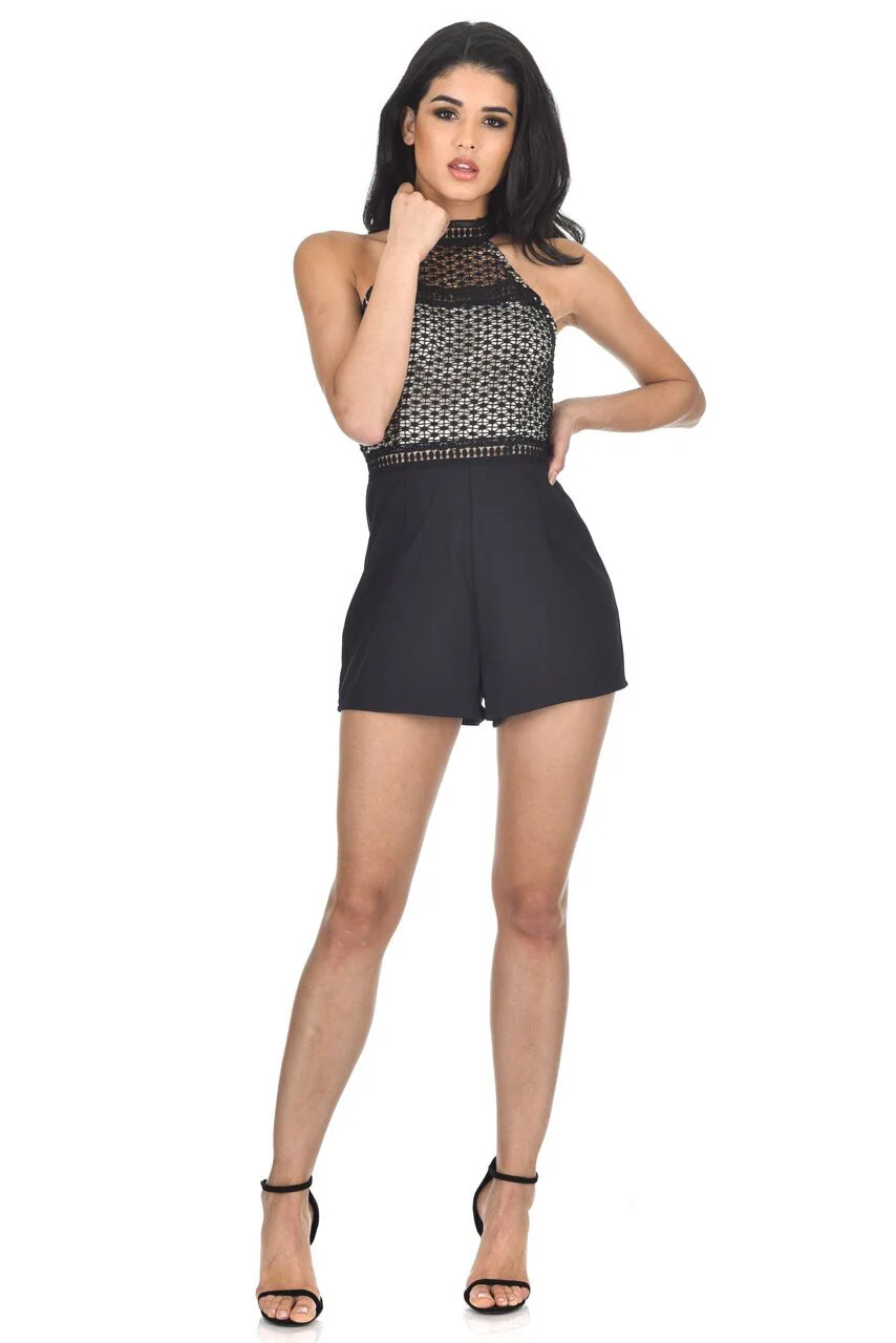 Black Contrast Mesh Top Playsuit - Image 2