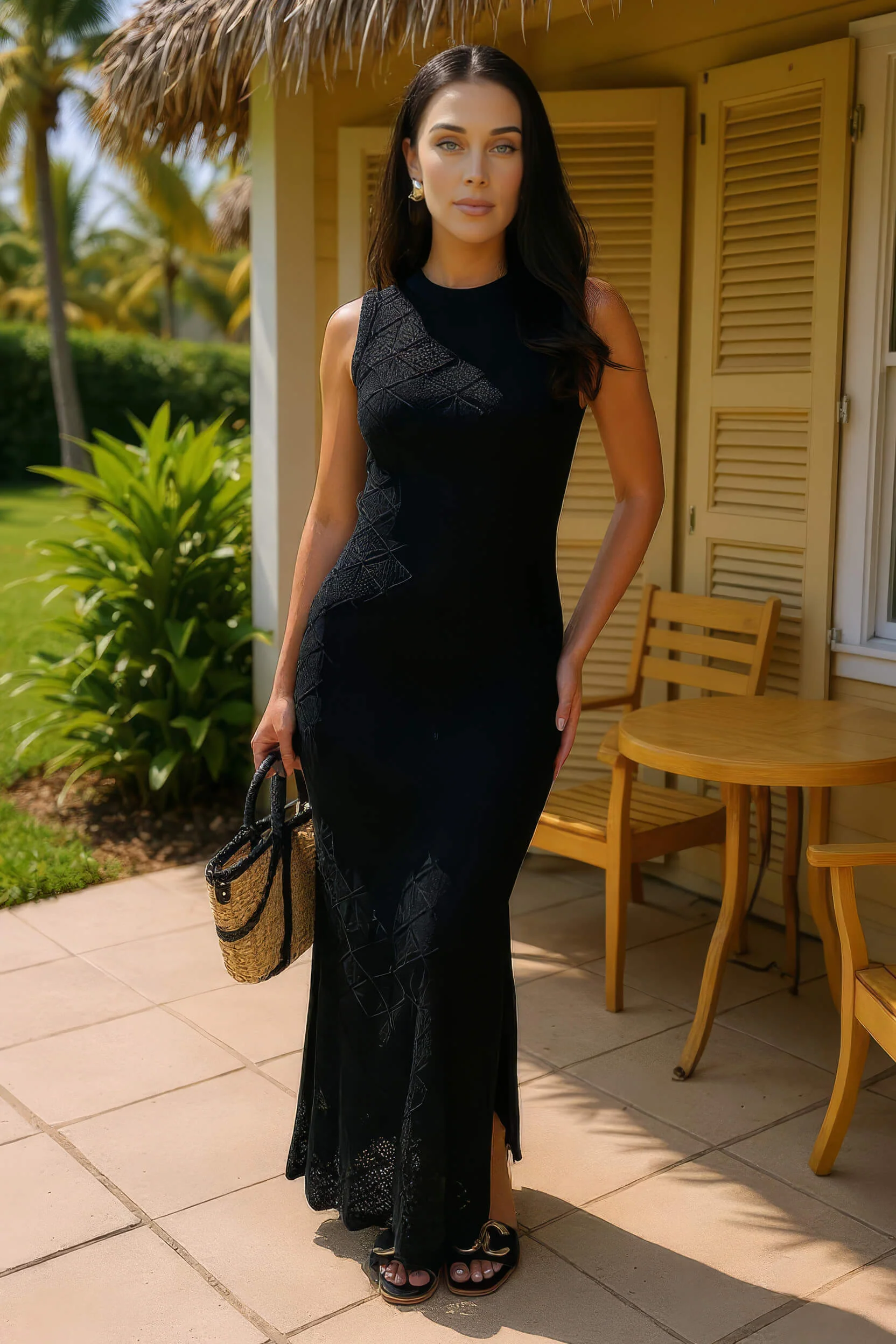 Black Crochet Knit Split Leg Midi Dress - Image 2