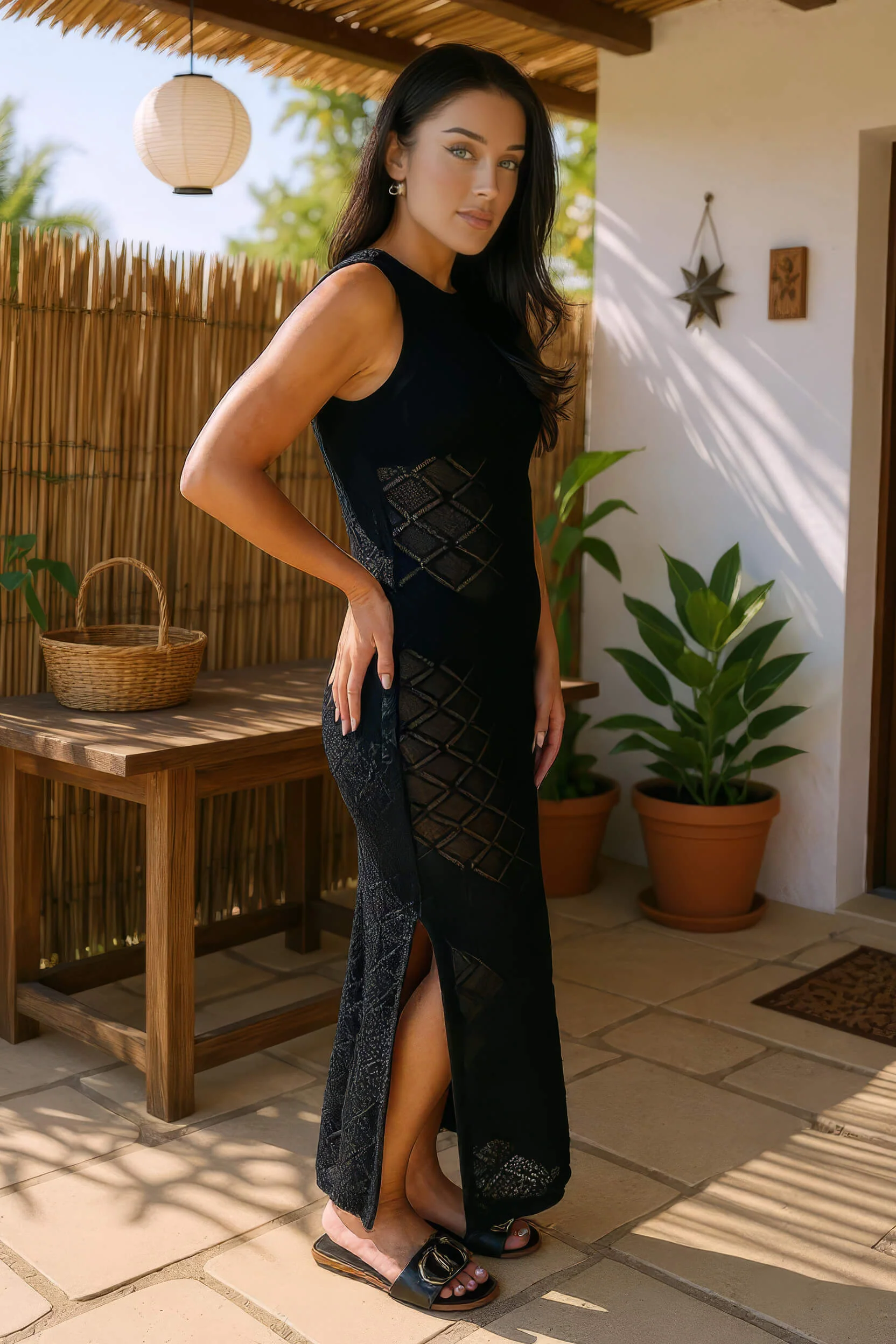 Black Crochet Knit Split Leg Midi Dress - Image 4