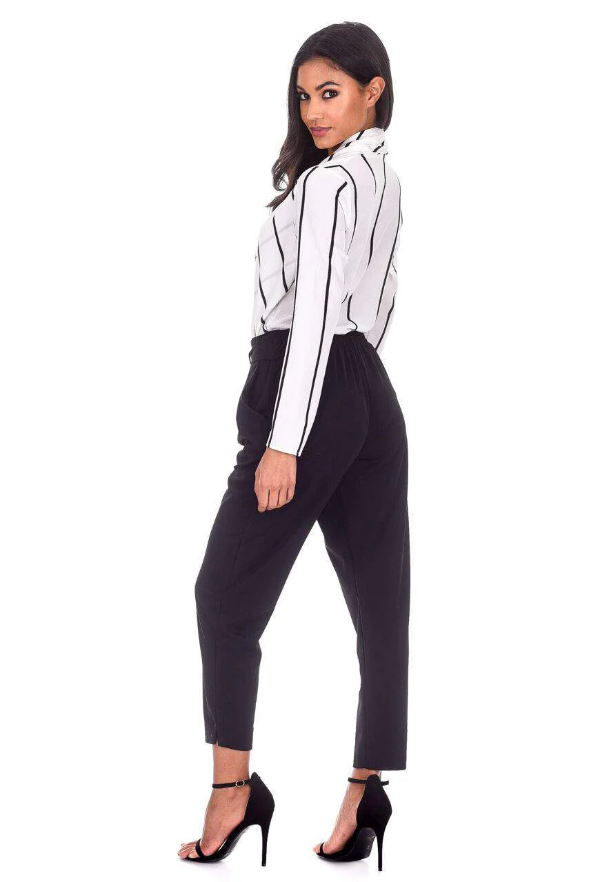 Black Cropped Tie Belt Trousers - Image 3