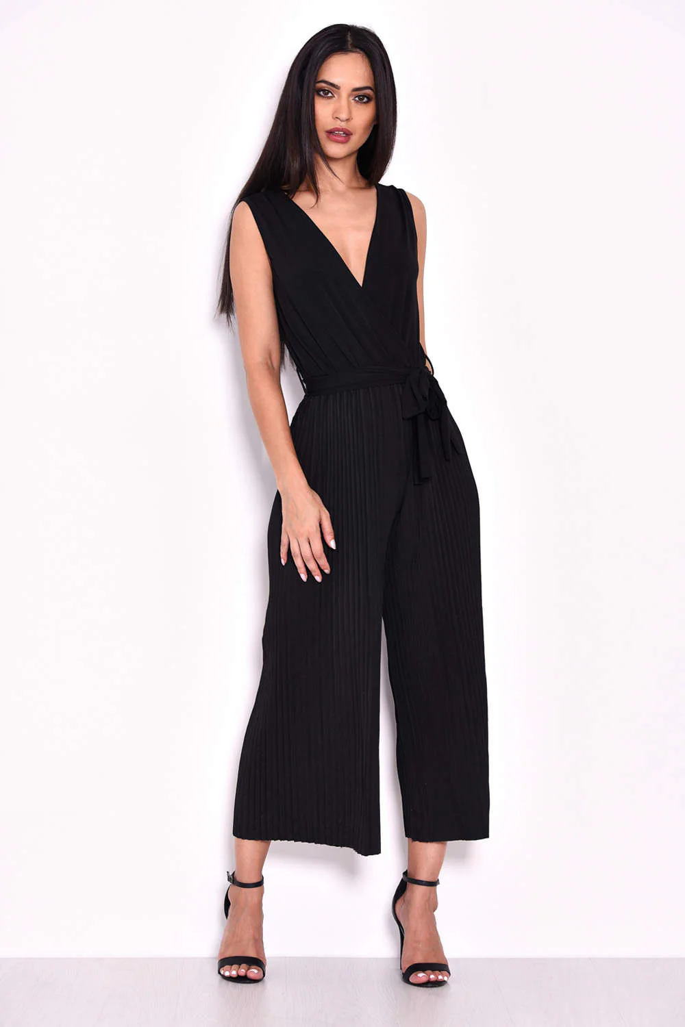 Black Culotte Pleated Tie-Waist Jumpsuit - Image 2