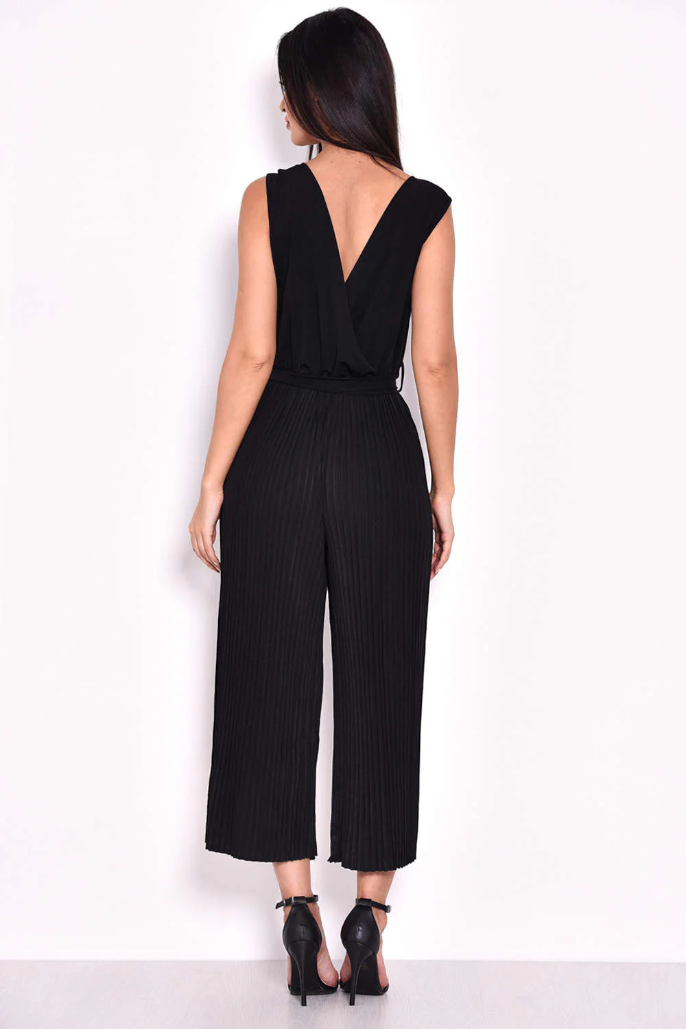 Black Culotte Pleated Tie-Waist Jumpsuit - Image 3