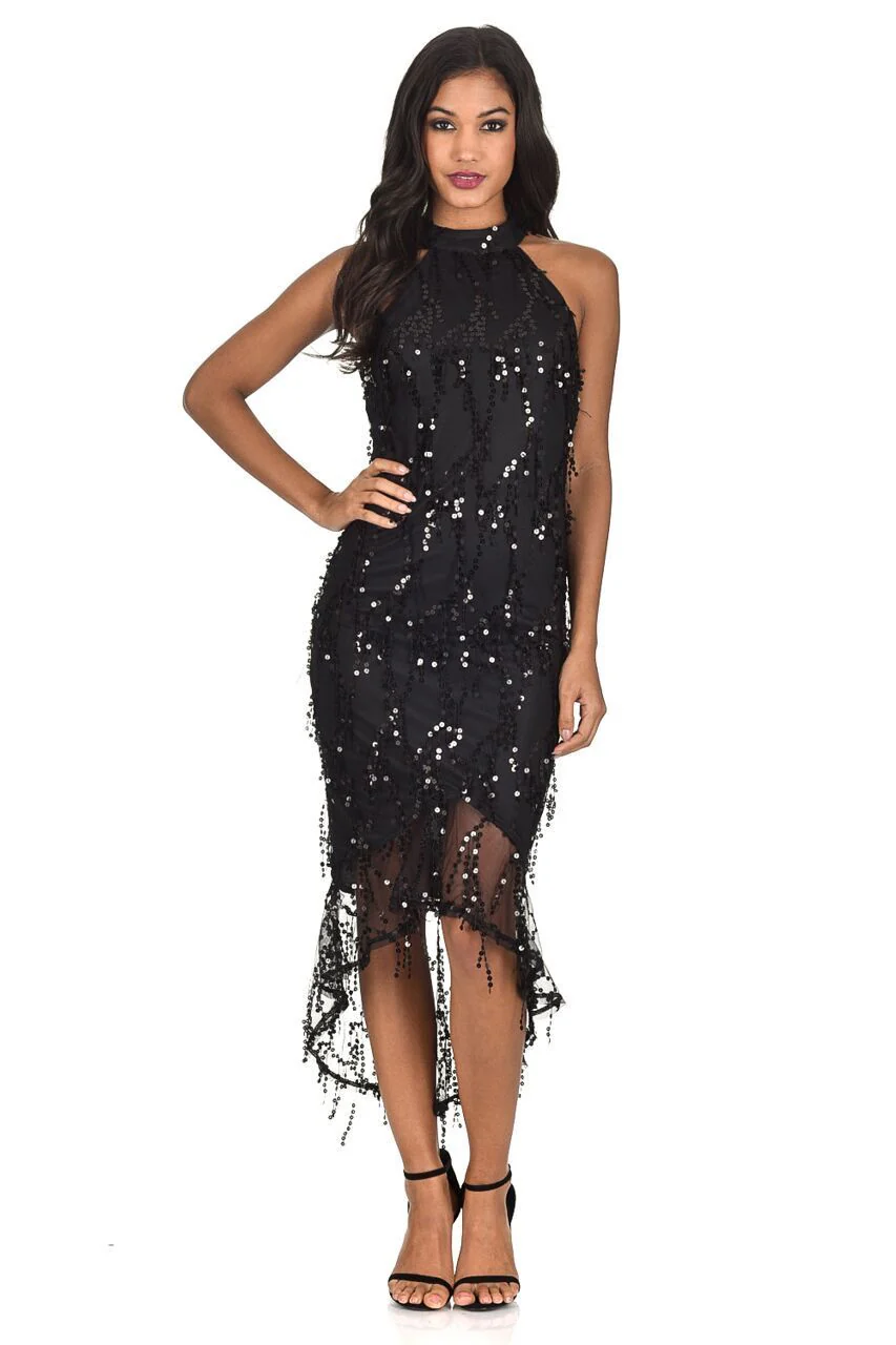 Black Cut In Dipped Hem Sequin Dress - Image 2