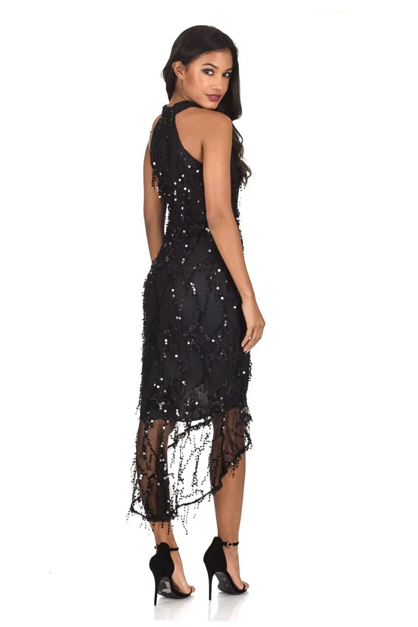 Black Cut In Dipped Hem Sequin Dress - Image 3