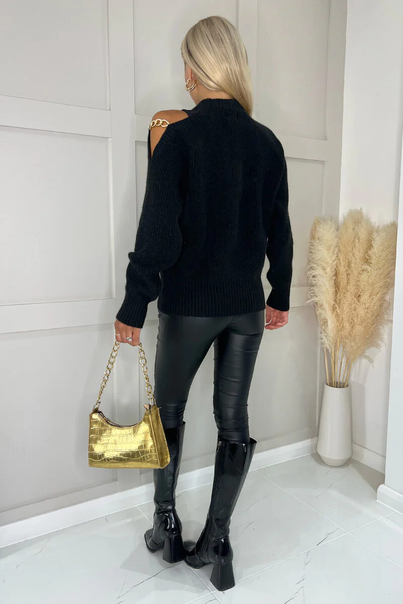 Black Cut Out Shoulder Chain Detail Knit Jumper - Image 4