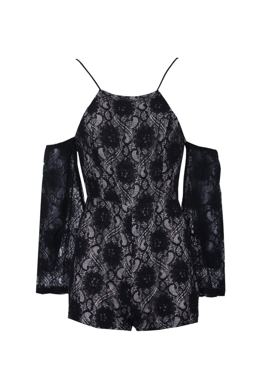 Black Cut Out Shoulder Lace Contrast Playsuit - Image 4