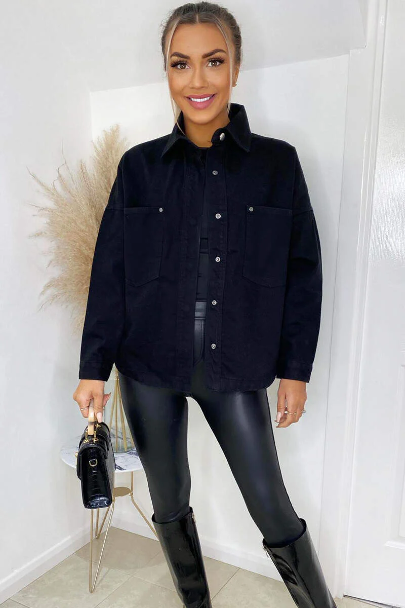 Black Denim Double Pocket Shirt Jacket - Image 2