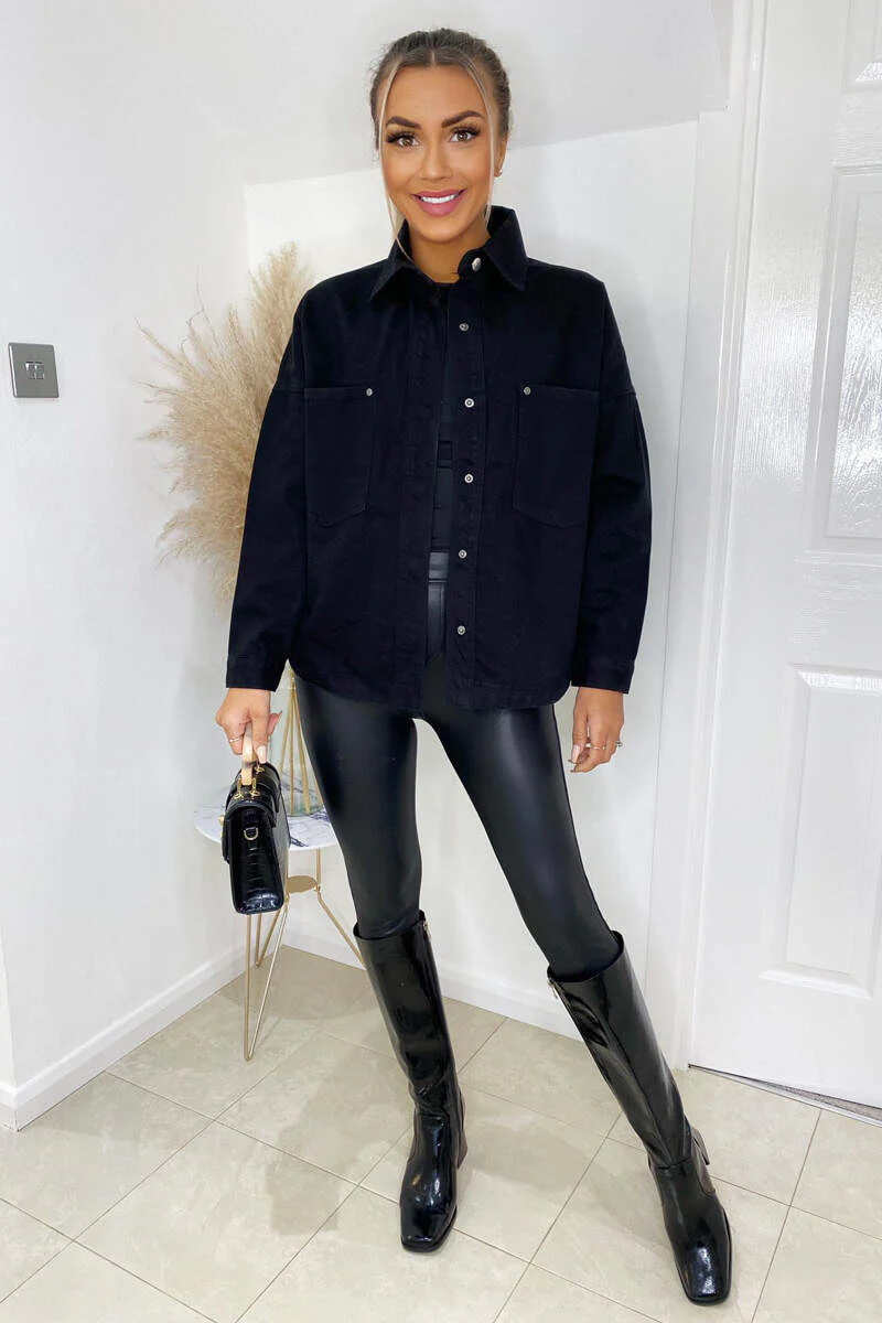 Black Denim Double Pocket Shirt Jacket - Image 3