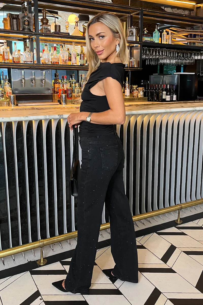 Black Diamante Loose Fit Straight Leg Jeans - Image 4