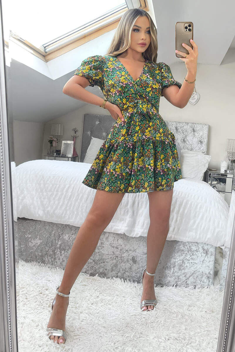 Black Ditsy Floral Printed Tie Waist Frill Hem Dress - Image 3