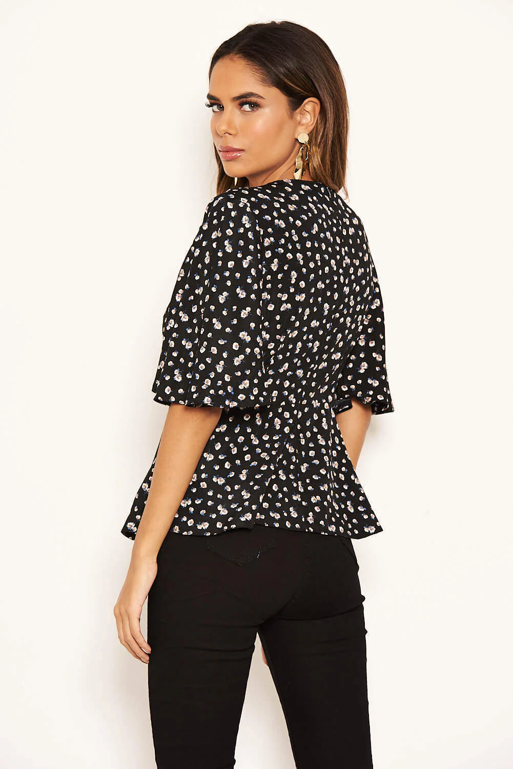 Black Ditsy Floral Flared Blouse - Image 4