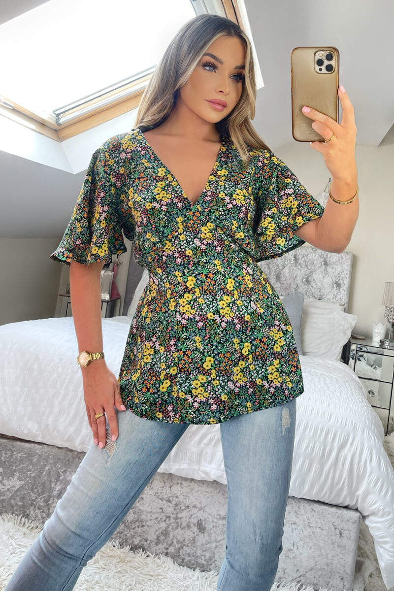 Black Ditsy Floral Printed Short Sleeve Top - Image 3