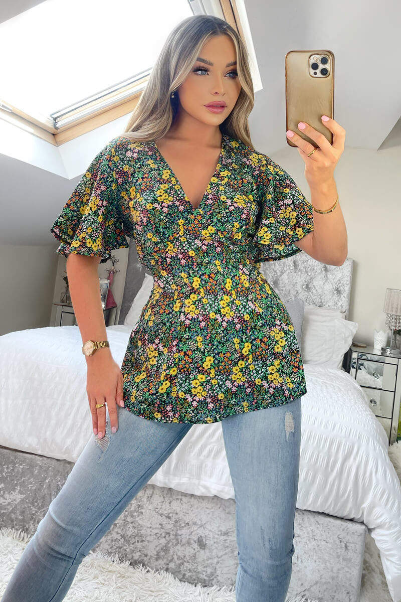 Black Ditsy Floral Printed Short Sleeve Top - Image 4