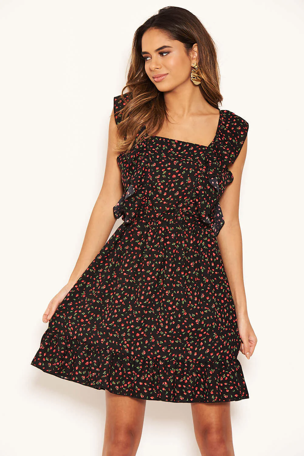 Black Ditsy Floral Square Neck Frill Dress - Image 4