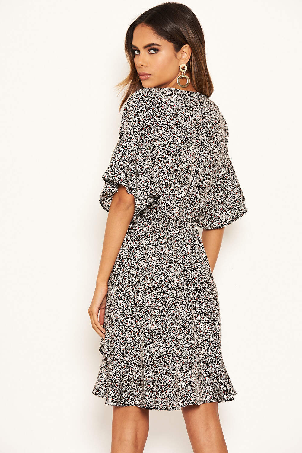 Black Ditsy Printed Frill Hem Wrap Dress - Image 5