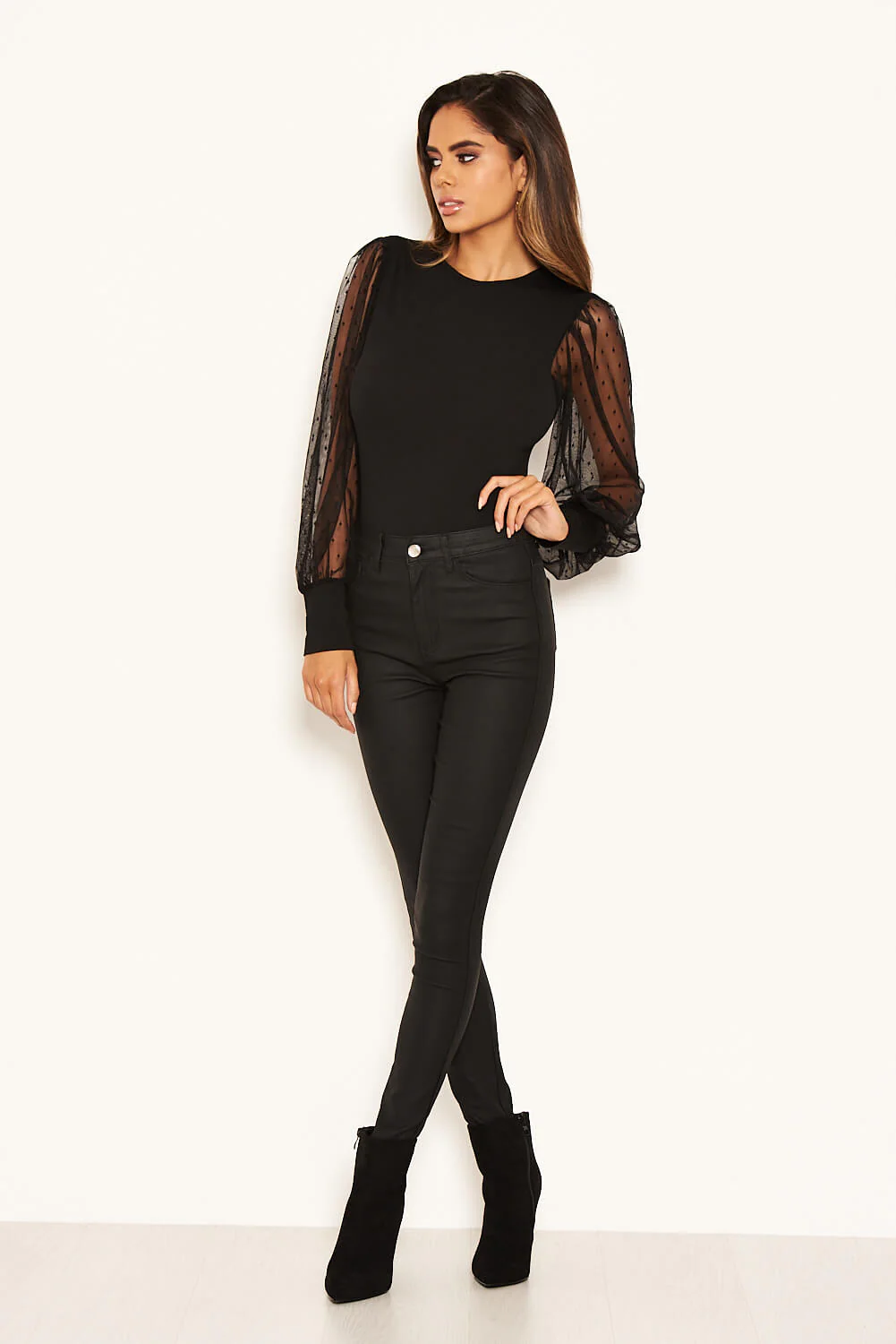 Black Dobby Mesh Long Sleeve Bodysuit - Image 9