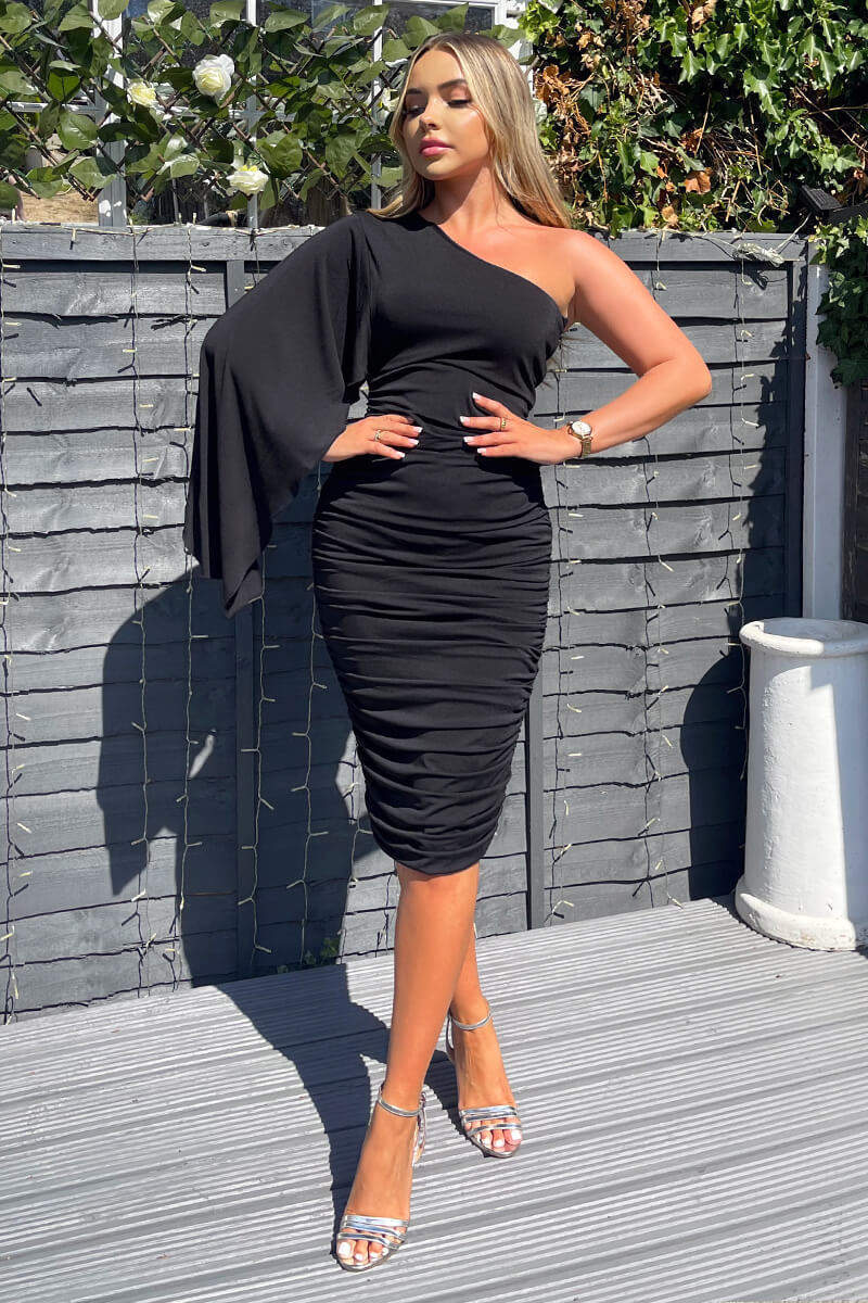 Black Drape Sleeve Bodycon Midi Dress - Image 2