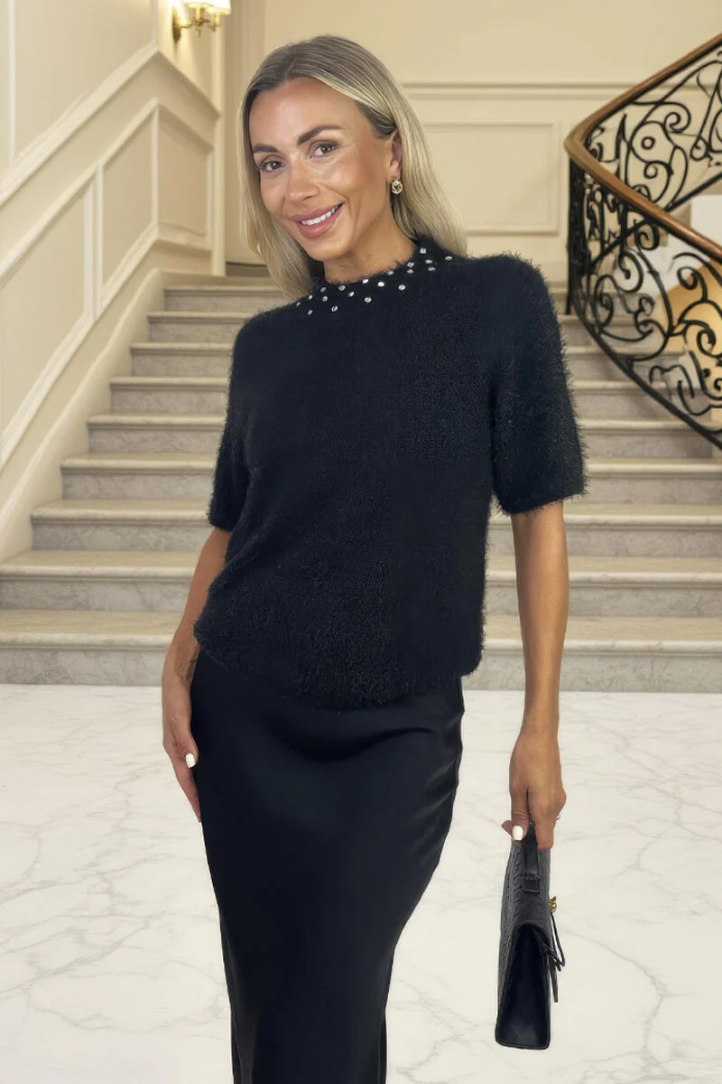 Black Embellished Neck Fluffy Knit Top - Image 3
