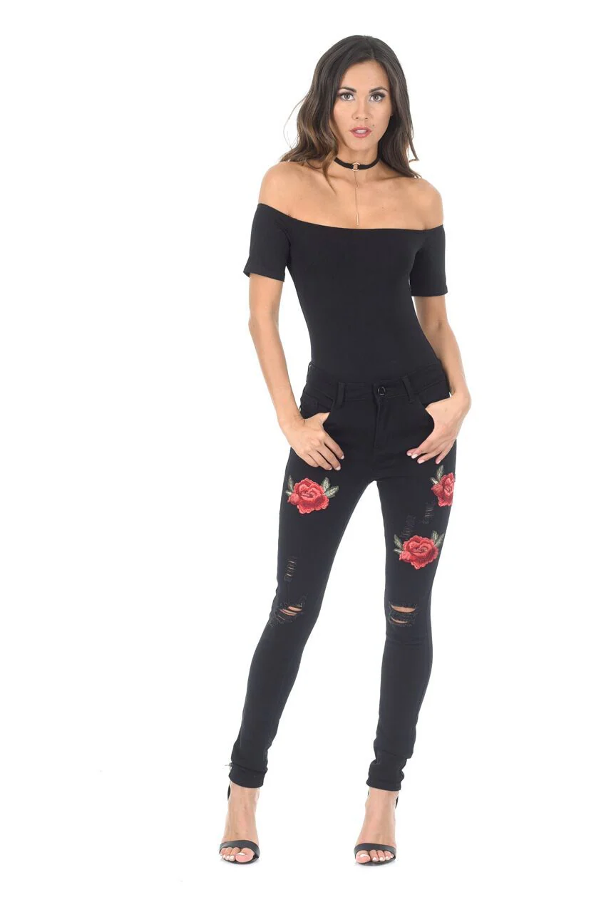 Black Embroided Jeans - Image 2