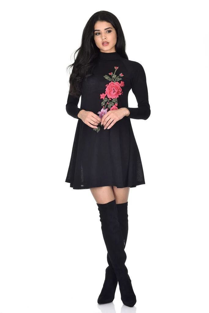 Black Embroidered Knitted Dress - Image 2