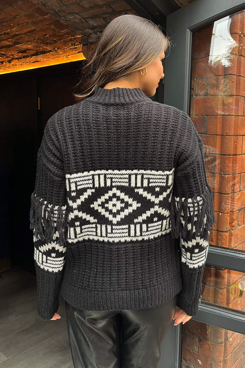 Black Fairisle Fringe Sleeve Detail Knitted Jumper - Image 4