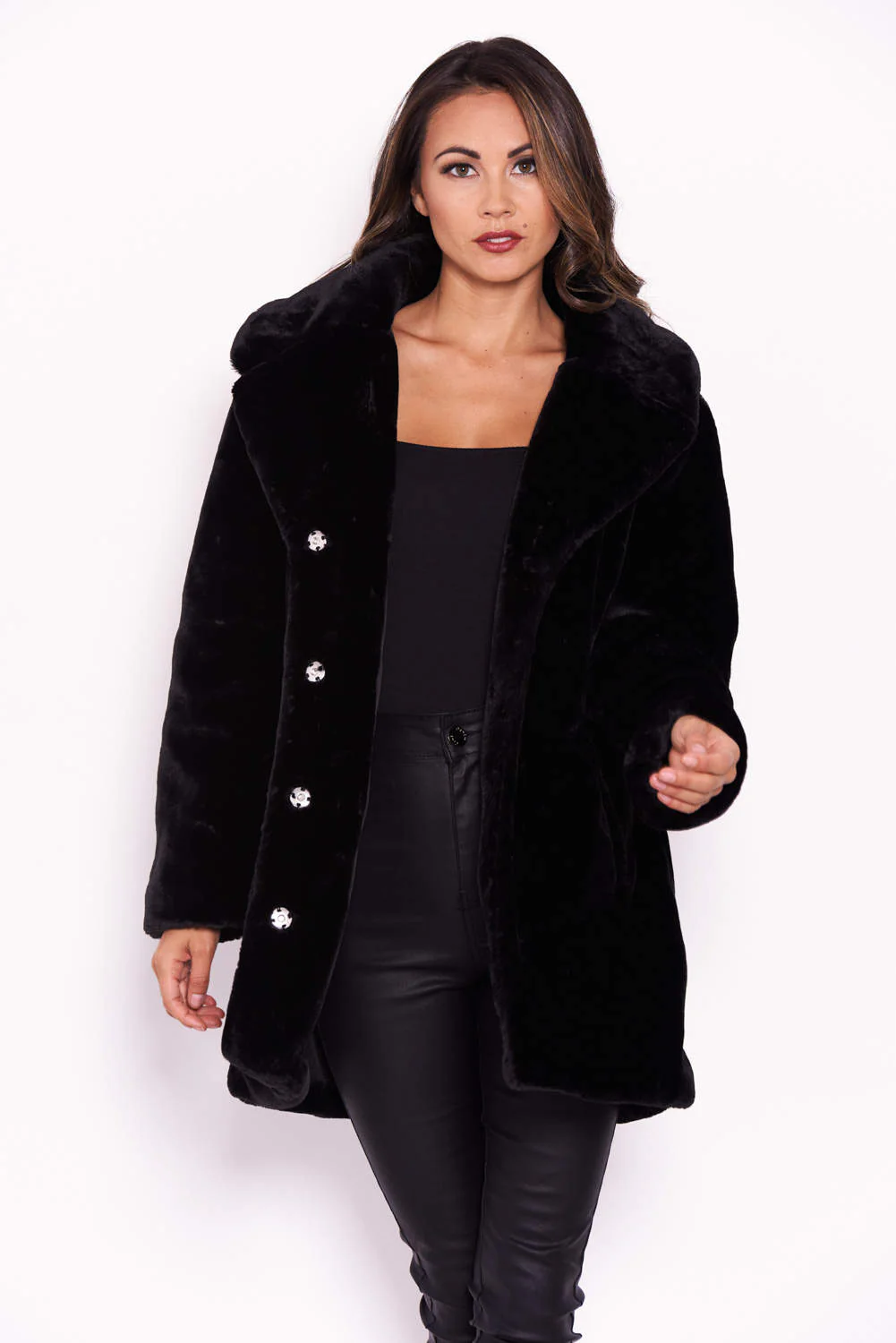 Black Faux Fur Coat With Collar - Image 4