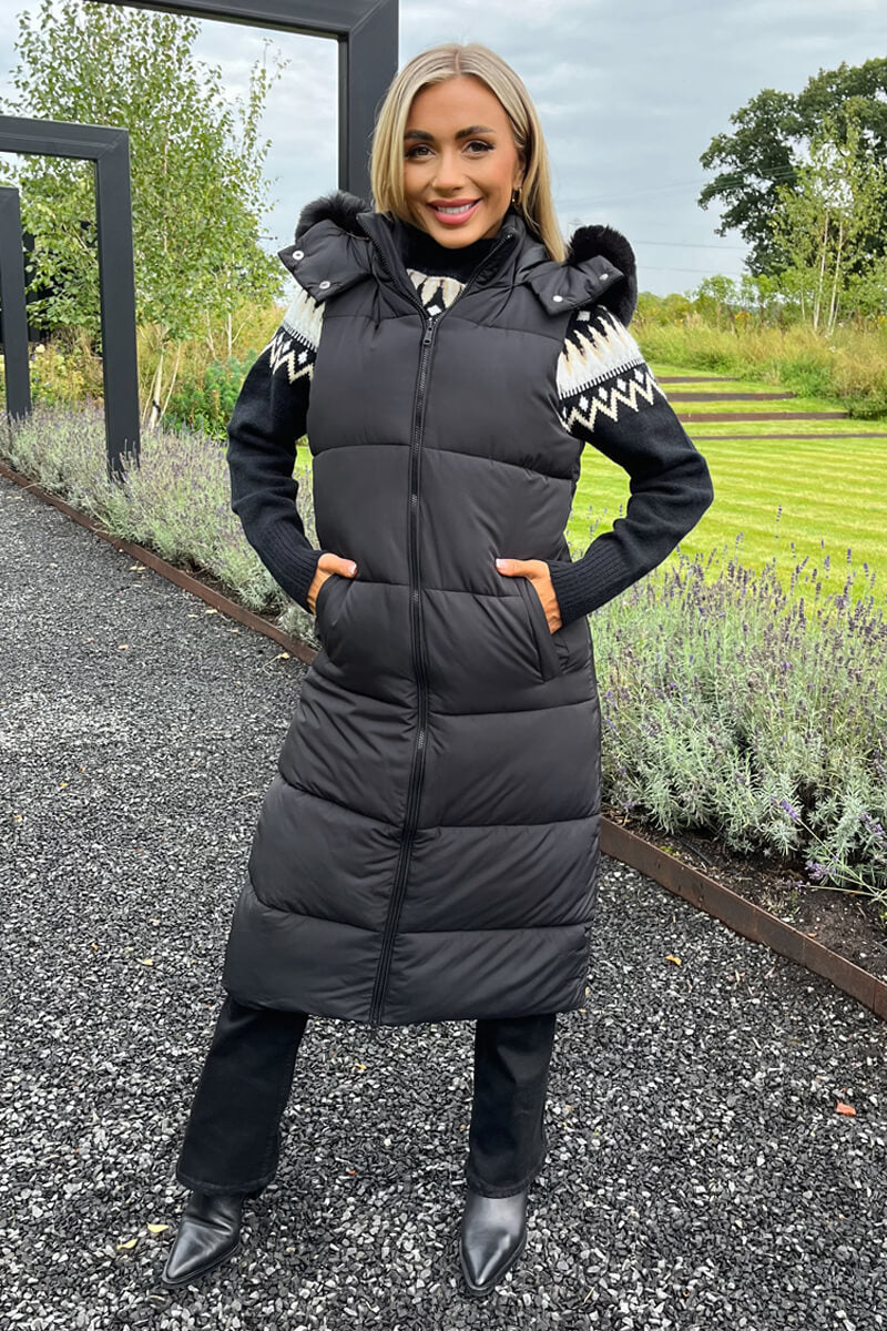 Black Faux Fur Hooded Longline Padded Gilet - Image 2
