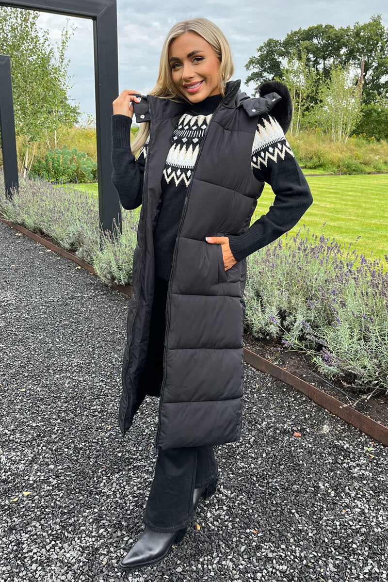 Black Faux Fur Hooded Longline Padded Gilet - Image 3