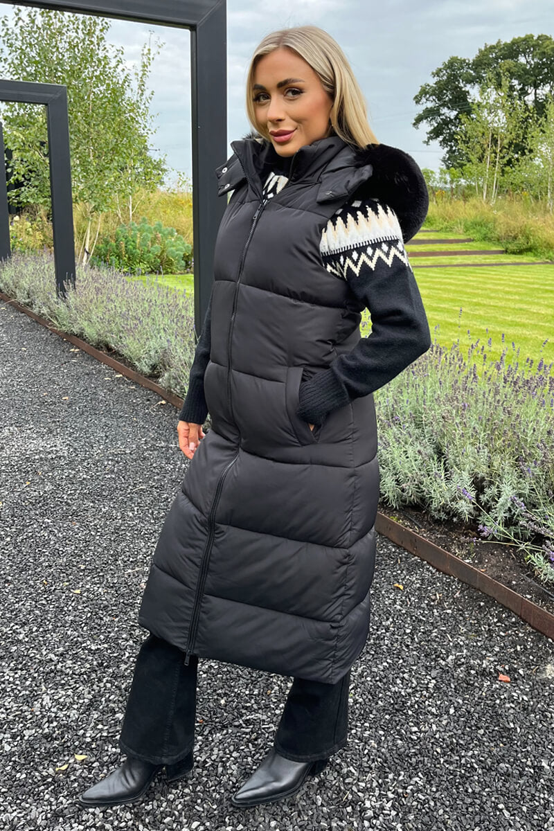 Black Faux Fur Hooded Longline Padded Gilet - Image 4