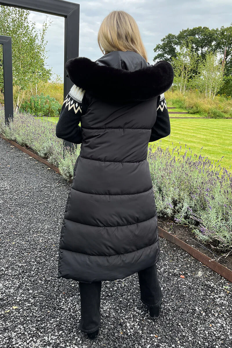 Black Faux Fur Hooded Longline Padded Gilet - Image 5