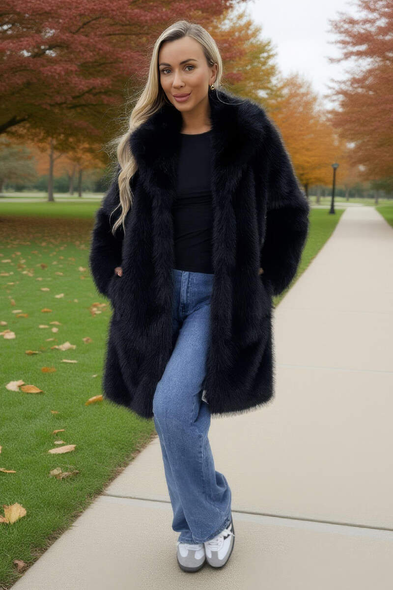 Black Faux Fur Longline Jacket - Image 2