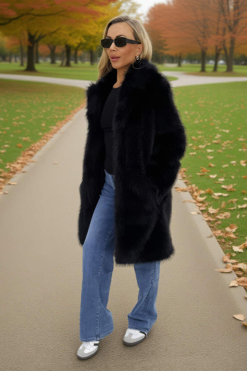 Black Faux Fur Longline Jacket - Image 4