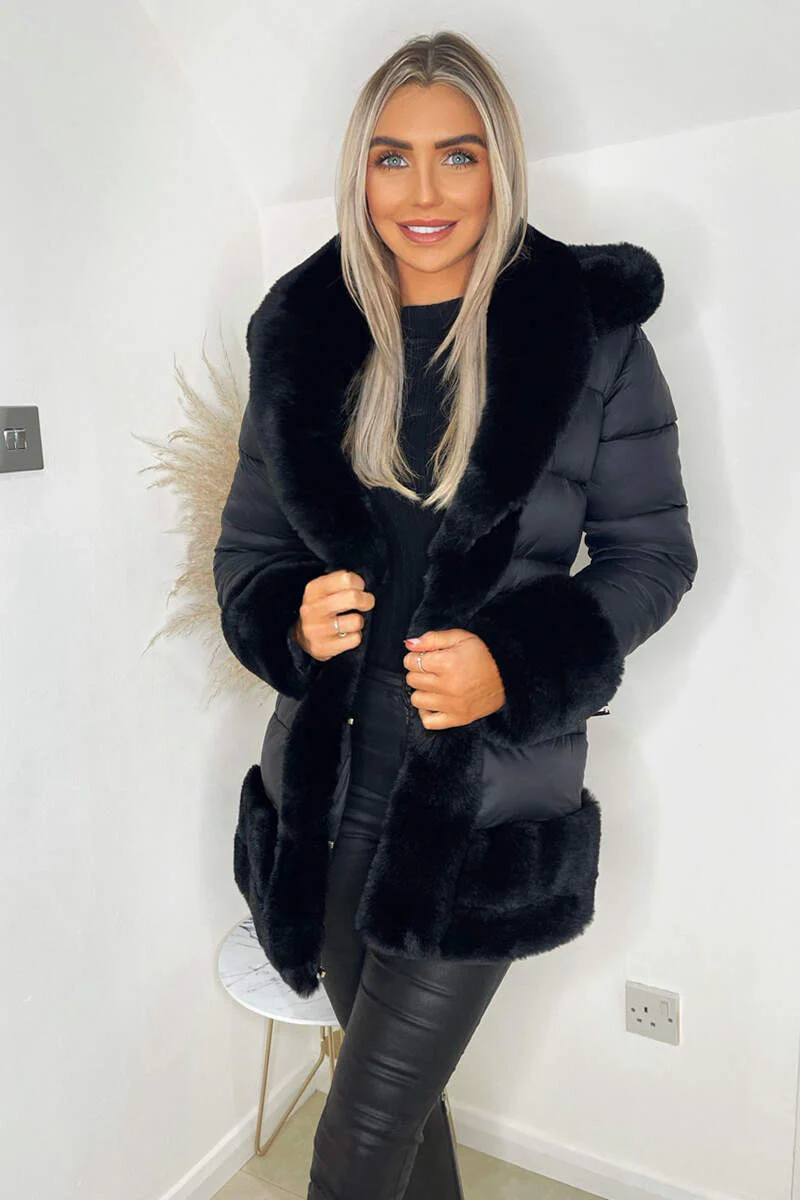 Black Faux Fur Trim Belted Jacket - Image 2
