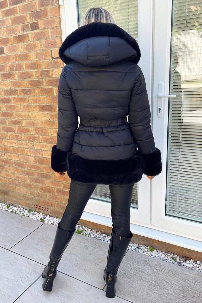 Black Faux Fur Trim Belted Jacket - Image 4