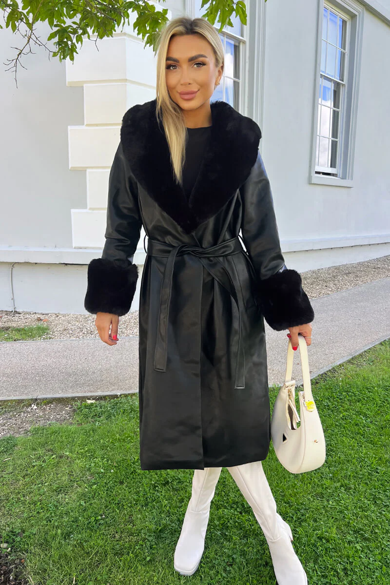 Black Faux Fur Trim Leather Look Long Coat - Image 2