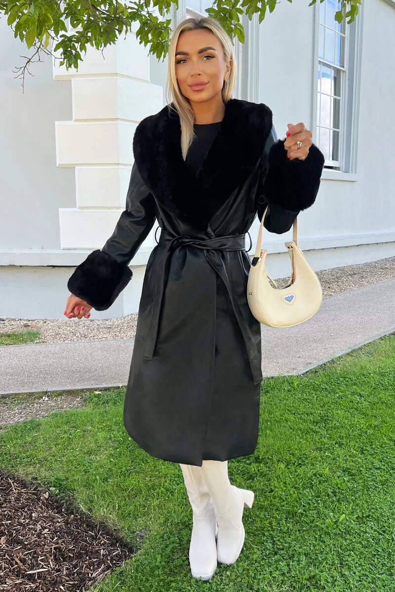 Black Faux Fur Trim Leather Look Long Coat - Image 3