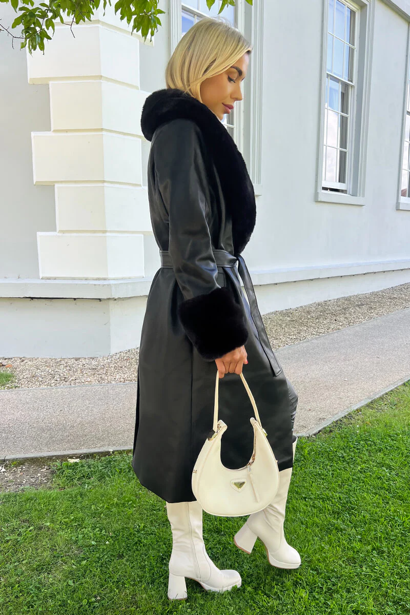 Black Faux Fur Trim Leather Look Long Coat - Image 5