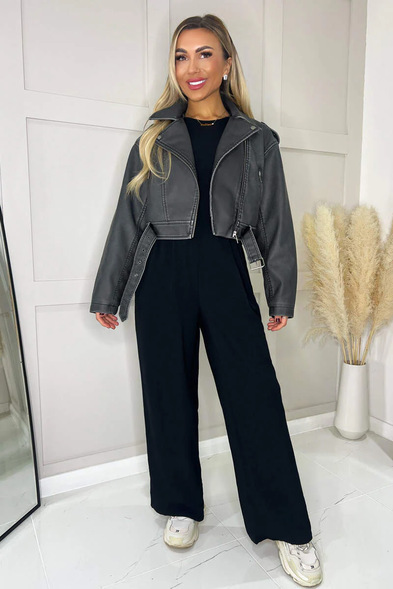 Black Faux Leather Cropped Jacket - Image 5
