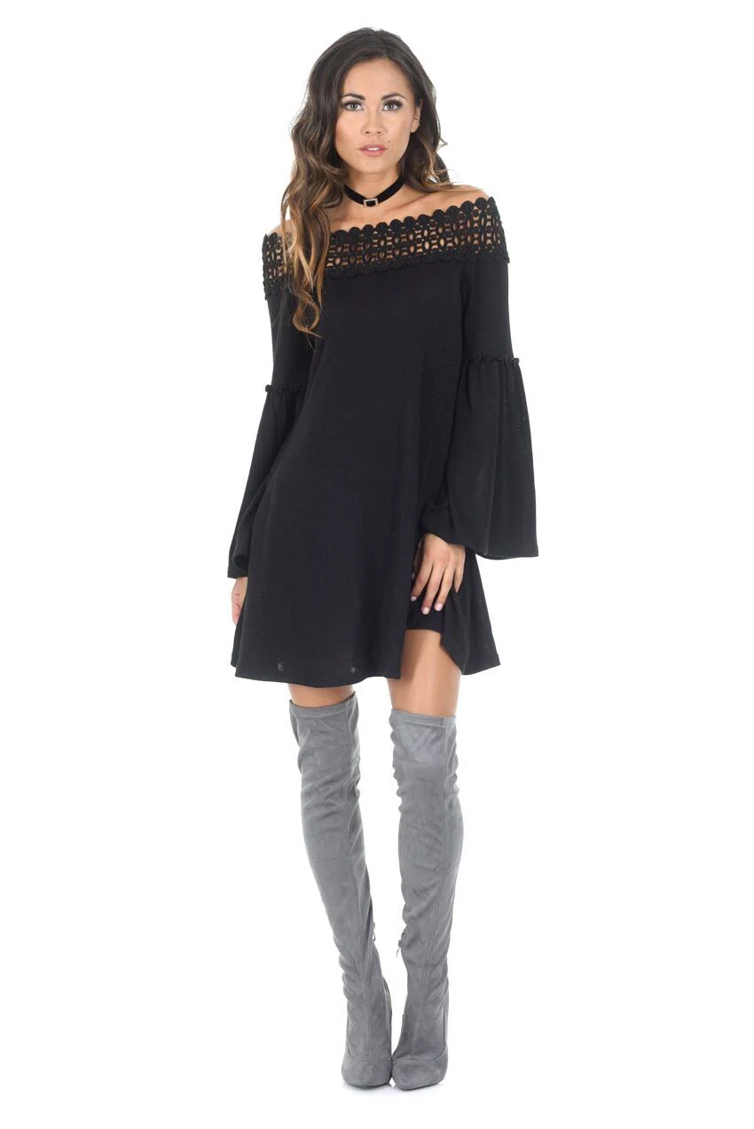 Black Flared Sleeve Swing Dress - Image 2