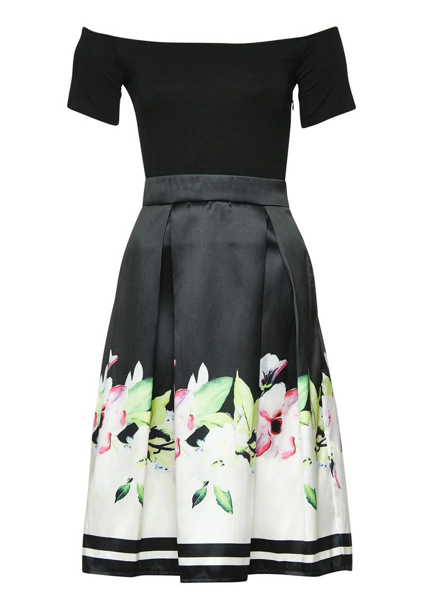 Black Floral 2 in 1 Skater Midi Dress - Image 4